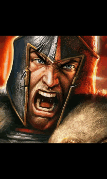 a painting of a warrior with a helmet on screaming