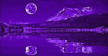 a purple moon is rising over a lake with mountains in the background