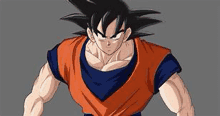 a close up of a cartoon character , goku from dragon ball z , standing in front of a gray background .