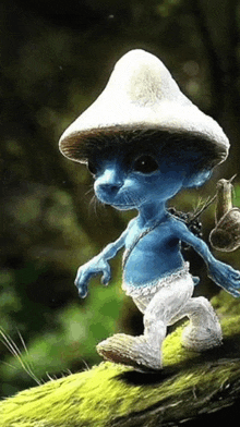 a smurf wearing a white mushroom hat is walking on a mossy branch