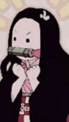 a cartoon character with long black hair and a bow tie is holding a gun in her mouth .