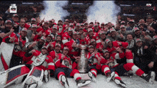 a group of hockey players are posing for a picture with a trophy and the letters sn on the bottom