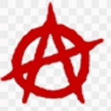 a red anarchy symbol with three spikes on a checkered background .