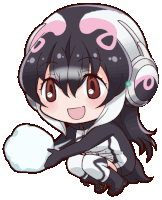 a girl wearing headphones and a penguin costume is holding a snowball