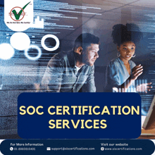 an advertisement for soc certification services with a man and woman