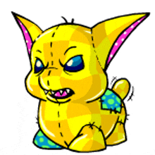 a cartoon drawing of a yellow stuffed animal with blue eyes and pink ears