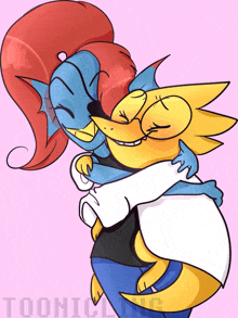 a drawing of two cartoon characters hugging each other with the words toohilline written on the bottom