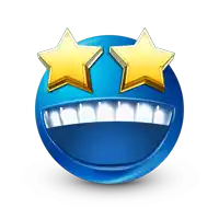 a blue smiley face with two gold stars in the eyes