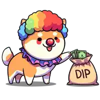 a cartoon dog wearing a clown costume is holding a bag of dip