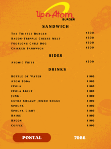 a menu for upn atom burger includes a sandwich and sides