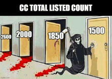 a grim reaper is standing in front of a row of doors with the words " cc total listed count " on the bottom