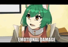 a cartoon of a girl with green hair and the words emotional damage on the bottom