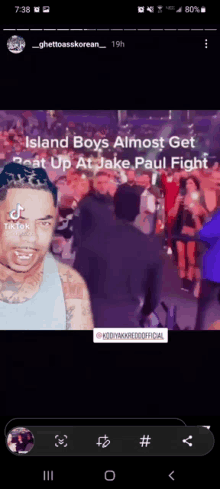 a screenshot of a tiktok video of island boys almost getting beat up at jake paul fight