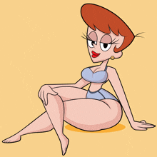 a cartoon of a woman in a bikini sitting on the floor