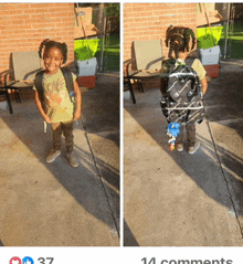 a little girl wearing a backpack is standing on a sidewalk next to a chair