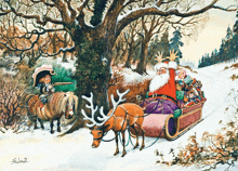 a painting of santa claus in a sleigh with reindeer pulling it