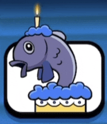 a cartoon fish with a candle in its mouth is on a cake .