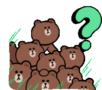 a group of brown bears are standing next to each other with a question mark above them