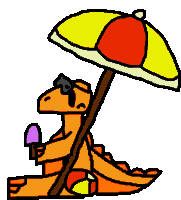 a cartoon dinosaur is sitting under an umbrella holding an ice cream cone and sunglasses .