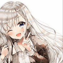 a girl with long white hair is giving a peace sign with her hand .