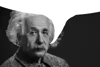 a black and white photo of albert einstein with a speech bubble behind him