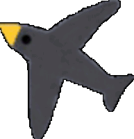 a black bird with a yellow beak is flying on a white background