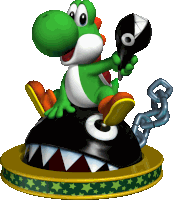 a green yoshi is sitting on top of a black bomb with chains around it