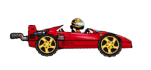 a cartoon of a man driving a red race car with the number f40 on the back