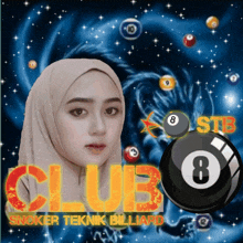 a poster for club snoker teknik billiard has a woman in a hijab