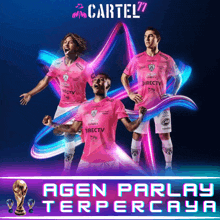 three soccer players wearing pink shirts with directv on them