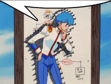 a boy with blue hair is standing in front of a sign that says battle on it