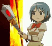 a cartoon girl is holding a baseball bat in front of a fire .