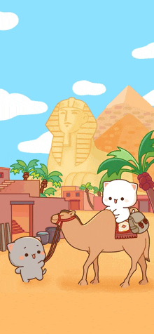 a cartoon cat is riding on the back of a camel in front of a pyramid