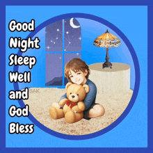 a picture of a boy holding a teddy bear with the words " good night sleep well and god bless "