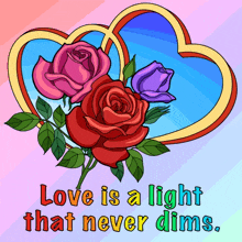 a poster that says love is a light that never dims with two hearts and roses