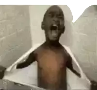 a shirtless man is taking a shower and screaming .