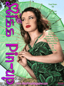 a magazine cover for miss pinup shows a woman in a green dress holding a green umbrella