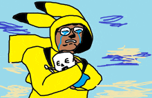 a drawing of a man in a pikachu costume holding a skull