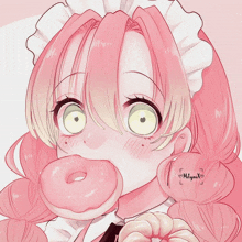 a drawing of a girl with pink hair holding a pink donut in her mouth