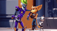 a robot with a green head is standing next to a robot with a purple body