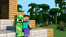 a steve and a creeper in a minecraft scene