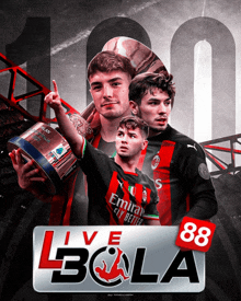 a poster for live bola with three soccer players and the number 88