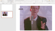 a man singing into a microphone with the word derek at the top