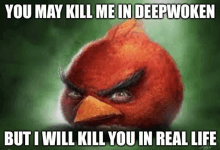 a picture of an angry bird with a caption that says `` you may kill me in deepwoken but i will kill you in real life ''