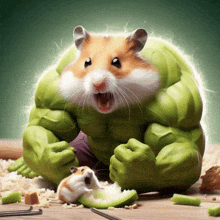 a hamster dressed as the hulk is eating a slice of apple