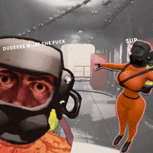 a man in a gas mask is looking at a woman in an orange suit