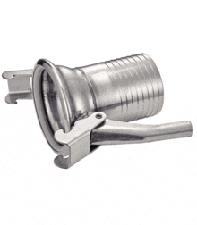 a stainless steel hose connector with a handle on a white background