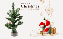 a merry christmas and happy new year poster with a small christmas tree and candy cane