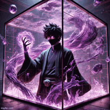 a man in a kimono is surrounded by purple flames in a glass box