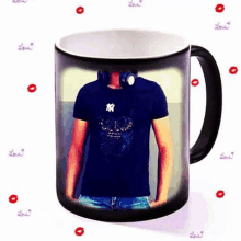 a coffee mug with a picture of a man wearing headphones and a ny shirt